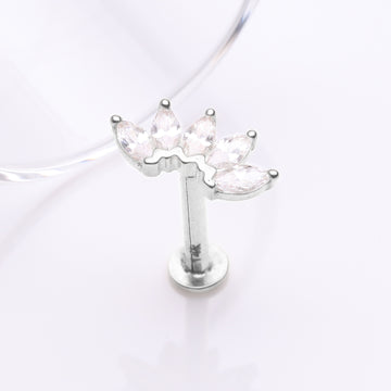 Detail View 1 of 14 Karat White Gold OneFit Threadless Brilliant Marquise Sparkle Flower Flat Back Stud Labret-Clear Gem